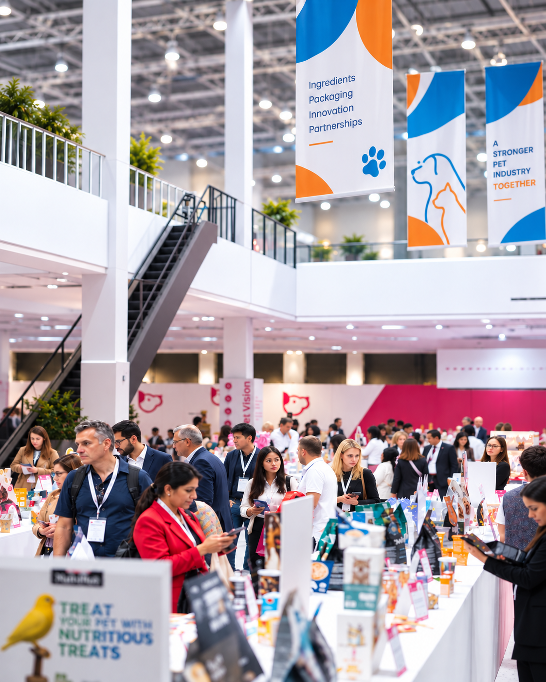 Business professionals at a trade exhibition booth showcasing pet industry products at PetBridge