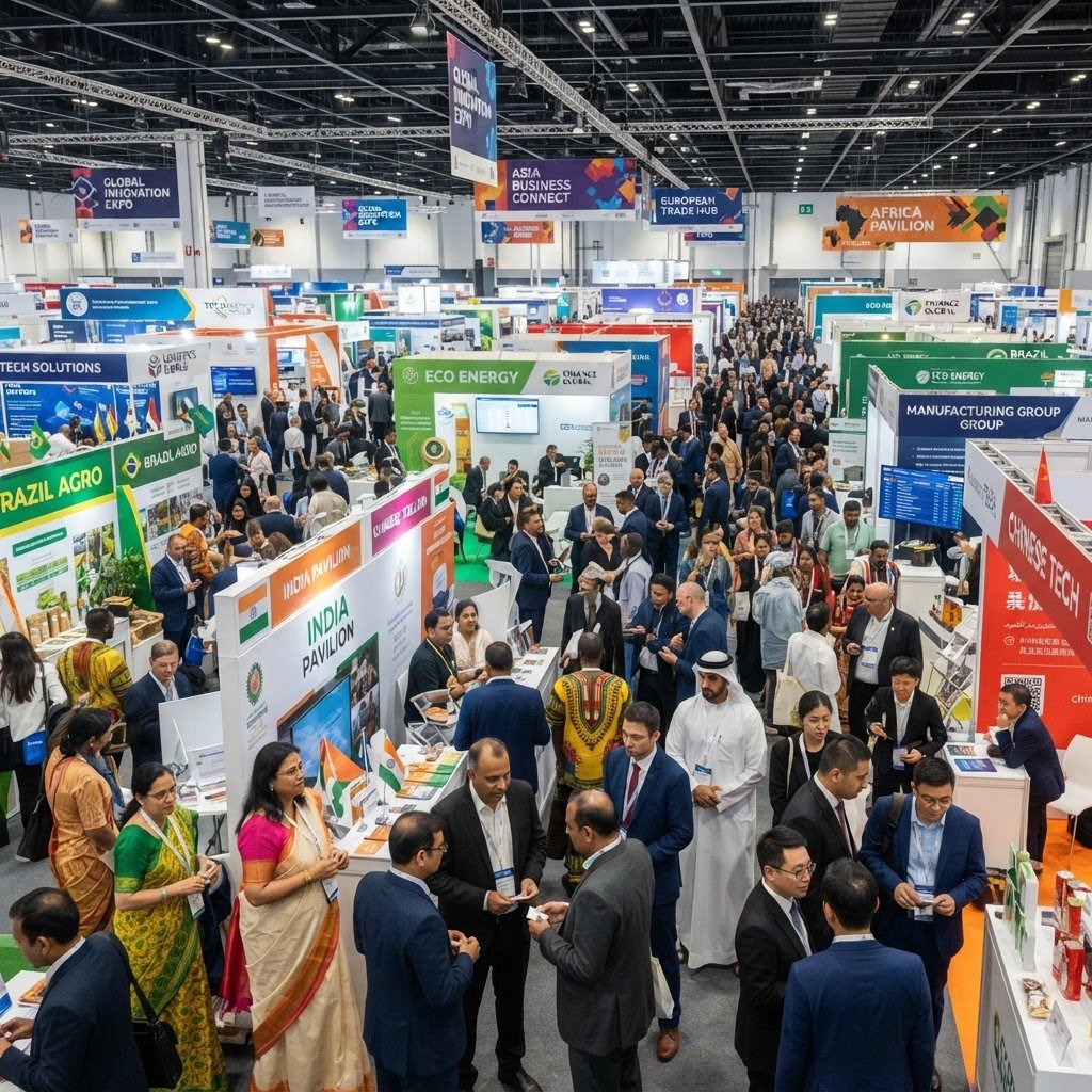 International trade show with exhibitors and visitors from multiple countries at a B2B industry platform